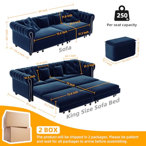 Tabaray 89'' Pull Out Sofa Bed King, Chesterfield Velvet Sleeper Sofa, Convertible L-Shaped Futon Couch, Tufted Back, 4 Pillows, Ottoman, Deep Seat Loveseat Couches for Living Room, Apartment, Blue Tabaray