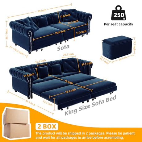 Tabaray 89'' Pull Out Sofa Bed King, Chesterfield Velvet Sleeper Sofa, Convertible L-Shaped Futon Couch, Tufted Back, 4 Pillows, Ottoman, Deep Seat Loveseat Couches for Living Room, Apartment, Blue Tabaray