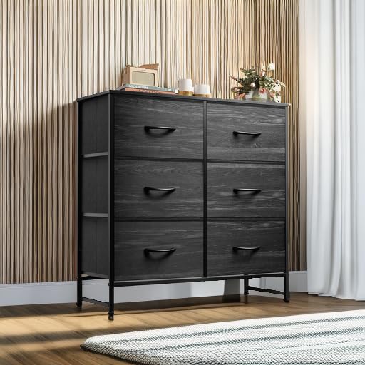 WLIVE Fabric Dresser for Bedroom, 6 Drawer Double Dresser, Storage Tower with Fabric Bins, Chest of Drawers for Closet, Living Room, Hallway, Charcoal Black Wood Grain Print WLIVE
