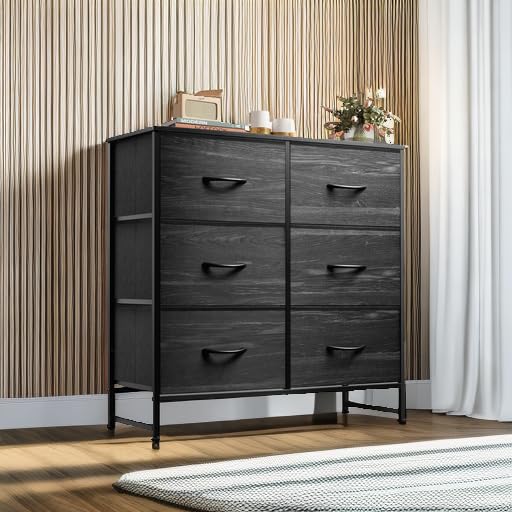 WLIVE Fabric Dresser for Bedroom, 6 Drawer Double Dresser, Storage Tower with Fabric Bins, Chest of Drawers for Closet, Living Room, Hallway, Charcoal Black Wood Grain Print