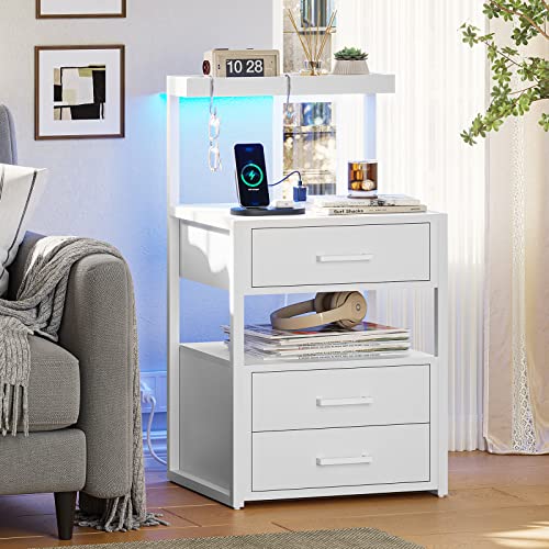 Nightstand with Charging Station and LED Lights, LED Night Stand with 2 USB Ports and 2 AC Outlets, Modern End Table with 3 Drawers, Bedside Table with Open Storage for Bedroom, White AOGLLATI
