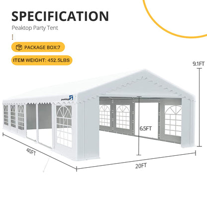 20x40ft Heavy Duty Carport Car Canopy Party Tent with Removable Sidewalls & Carry Bags, Big Garage Tent Boat Shelter with Ground Poles, White