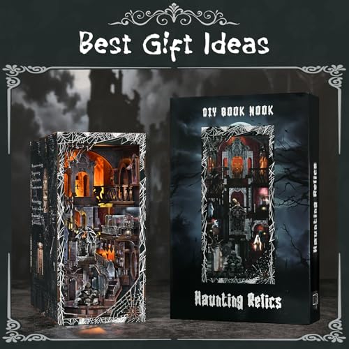 MiniCity Book Nook Kit with LED Light, DIY Miniature Dollhouse Booknook Kit, Creepy Scary 3D Wooden Puzzle Bookshelf Insert Decor for Stress Relief Craft for Book Lovers & Adult (Haunting Relics)