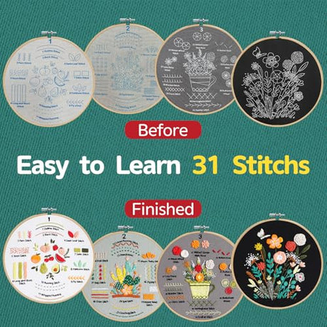 Meyocky Embroidery Kit for Beginners, 4 Pack Starter Embroidery Kits for Adults Learn 31 Stitches with Simple Patterns, Step-by-Step Video Stitch Practice Sampler Kit,Gift for Women Craft Lovers Meyocky