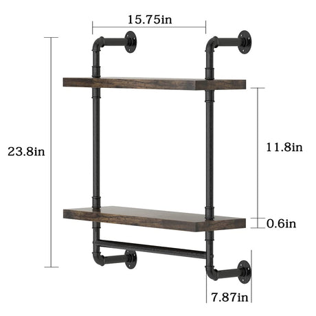 Helsin Industrial Pipe Floating Bathroom Shelves Wall Mounted with Towel bar, 2 Tier Rustic Wood Wall Shelf, 16inch Metal Towel Rack Storage Bookshelf for Bathroom, Kitchen, Farmhouse, Living Room Helsin