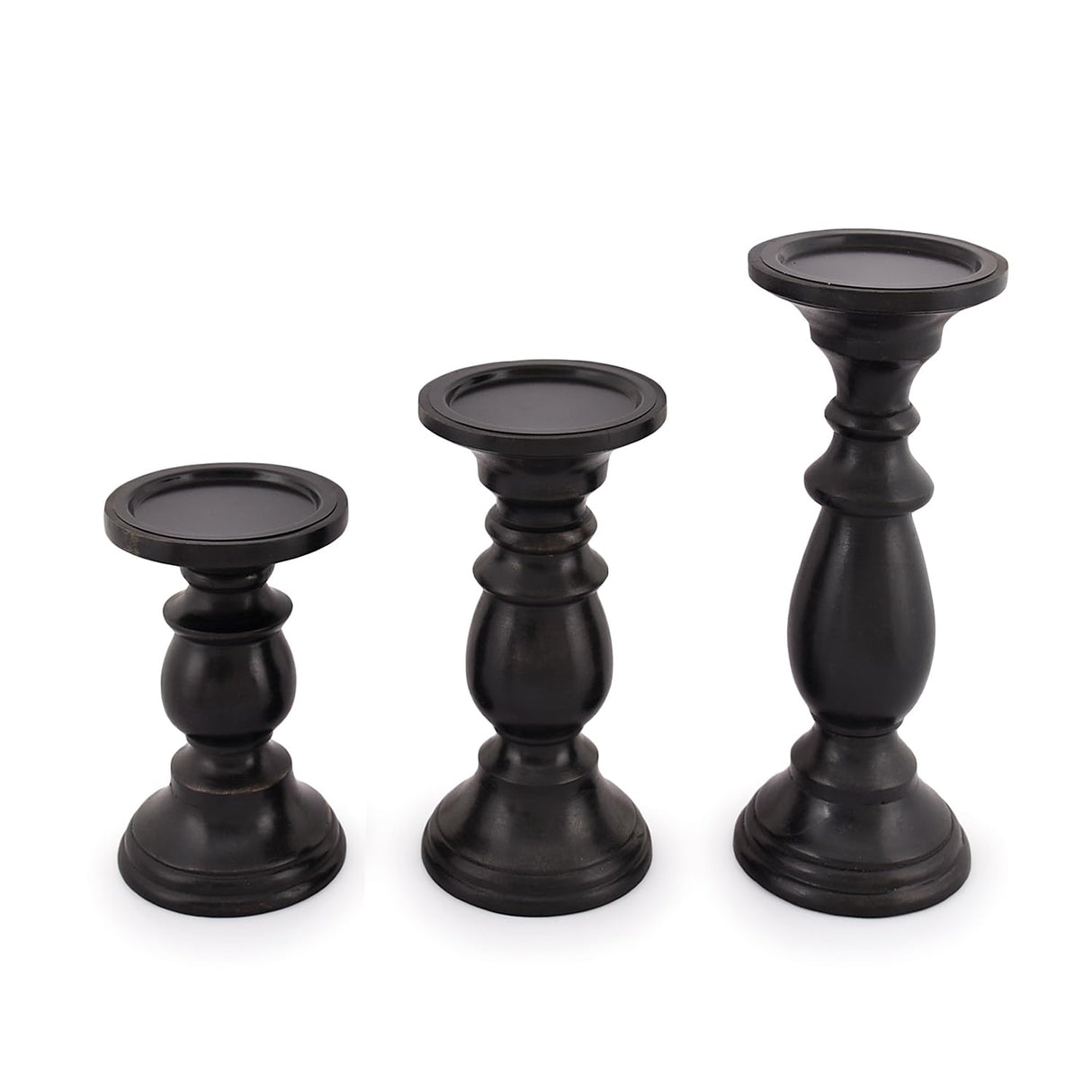 SAMHITA Set of 3 Farmhouse Mango Wood Candle Holders, in Black Finish for Table Centerpiece Candle for Any Room Decor Samhita