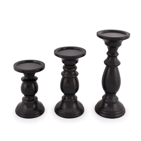 SAMHITA Set of 3 Farmhouse Mango Wood Candle Holders, in Black Finish for Table Centerpiece Candle for Any Room Decor Samhita