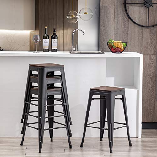 Alunaune 24" Metal Bar Stools Set of 4 Stackable Counter Height Barstools Backless Industrial Kitchen Bar Chairs with Wooden Seat-Matte Black Alunaune
