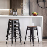 Alunaune 24" Metal Bar Stools Set of 4 Stackable Counter Height Barstools Backless Industrial Kitchen Bar Chairs with Wooden Seat-Matte Black Alunaune