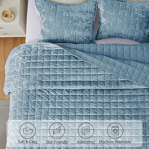 BEDELITE Velvet Quilt Set King Size - Luxury Velvet Comforter Bedding Set 3 Pieces, Soft Cozy Shiny Dusty Blue Oversized Bedspread Coverlet for All Seasons with 2 Pillow Shams BEDELITE