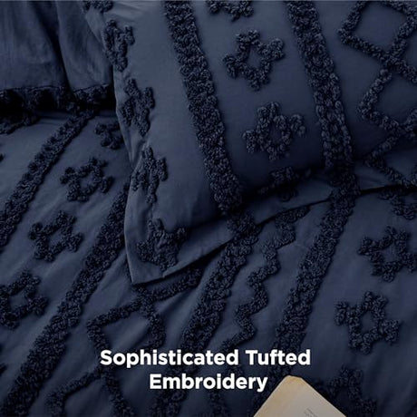 Bedsure Tufted Boho Comforter Set King Size - Navy Boho Bed Set, GentleSoft™ 3 Pieces Farmhouse Shabby Chic Embroidery Bedding, Gifts for Woman, Soft Jacquard King Comforter for All Seasons Bedsure