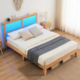 Full-Length Coucheta Modern Bed Frame with Rattan Headboard and LED Lights coucheta