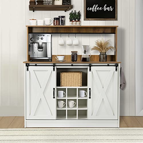 4ever2buy Farmhouse Coffee Bar Cabinet with 6 Hooks, 47'' Kitchen Coffee Bar with Hutch and 9 Wink Racks, White Coffee Bar Table with Sliding Barn Door for Dining Living Room 4ever2buy