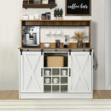 4ever2buy Farmhouse Coffee Bar Cabinet with 6 Hooks, 47'' Kitchen Coffee Bar with Hutch and 9 Wink Racks, White Coffee Bar Table with Sliding Barn Door for Dining Living Room 4ever2buy
