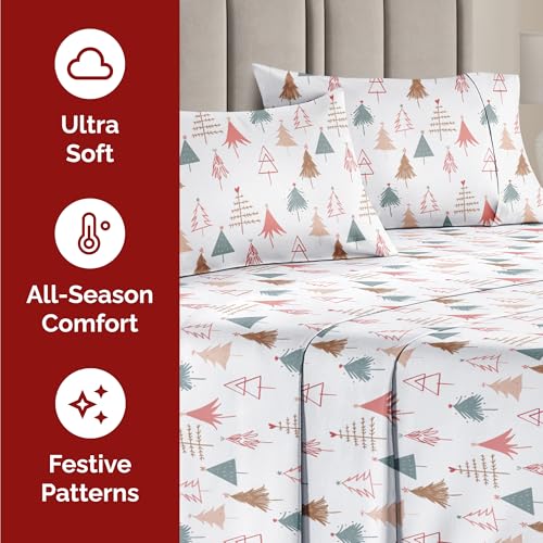 Queen Christmas Tree Sheet Set - Holiday Xmas Pattern Bedding Set - Deep Pockets - Snug Fit - 4 Piece - Wrinkle Free & Easy Care - Comfy Festive Winter - Holiday Sheets for Women, Men, Kids & Teens CGK Unlimited