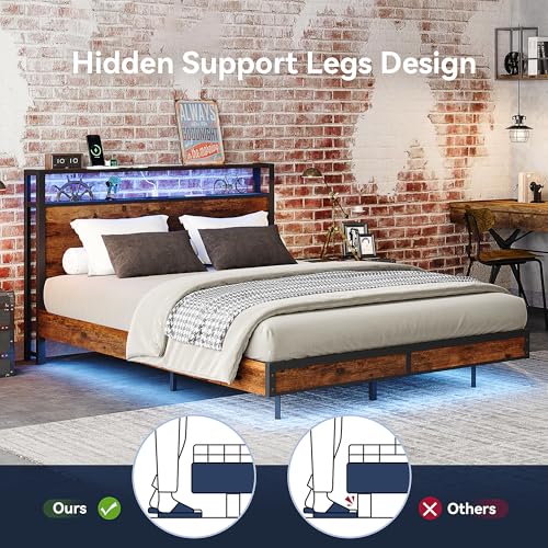 Queen Bed Frame with Storage Headboard and Charging Station, Metal Bedframe with LED Lights, Queen Size Platform Bed with Heavy Duty Slats, 100% Anti-Slip Mattress, No Box Spring Needed, Rustic Brown Susalt