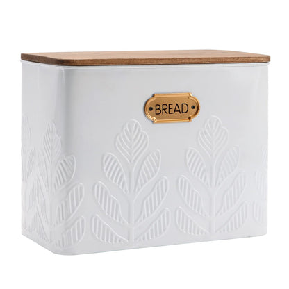 NIKKY HOME Extra Large Space Saving Farmhouse White Bread Box With Bamboo Lid - Holds 2 Loaves - Vertical Breadbox Bread Storage Bin Holder for Kitchen Countertop, Plant Embossed Pattern