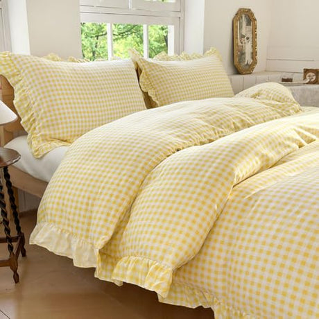 NSNLGSGC Yellow Gingham Ruffle Duvet Cover Queen Size, 3 Pieces Soft Pre-Washed Microfiber Checked Plaid Comforter Cover Set, Vintage Farmhouse Bedding Set(Yellow Gingham, Queen 90"x90") NSNLGSGC