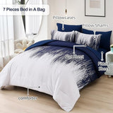 Dinjoy Ombre Blue Comforter Set King Size Gradient Navy Blue White Boho Bedding Set for Teen Men Women 7 Pieces Bed in A Bag Bohemian Bed Set with Comforter, Sheets, Pillowcases & Shams Dinjoy