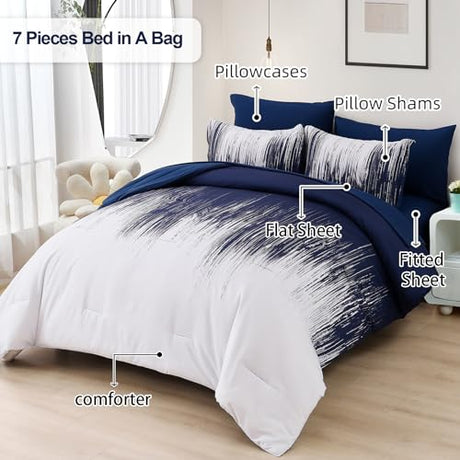 Dinjoy Ombre Blue Comforter Set King Size Gradient Navy Blue White Boho Bedding Set for Teen Men Women 7 Pieces Bed in A Bag Bohemian Bed Set with Comforter, Sheets, Pillowcases & Shams Dinjoy