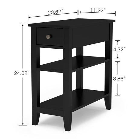 ChooChoo Side Table Living Room, Narrow End Table with Drawer and Shelf, 3-Tier Sofa End Table for Small Space, Black ChooChoo