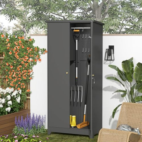 GREATMEET 72.8" Outdoor Broom Storage Cabinet, Waterproof Outdoor Narrow Storage Shed, Metal Storage Cabinets for Cleaning Supplies with Slanted Roof, Utility Closet, Broom Mop Storage Cabinet, Grey GREATMEET