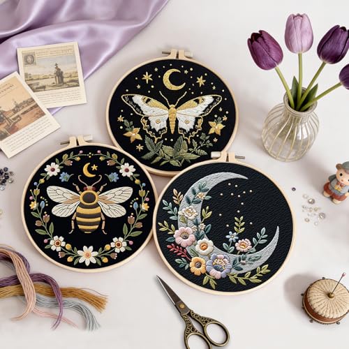 Uniartfy 3 Sets Butterfly Bee Moon Embroidery Kits for Beginners, DIY Cross Stitch Starter Craft Kit for Adults, Needlepoint Kits Including Cloth with Flower Plant Pattern, Hoop, Tools, Instructions
