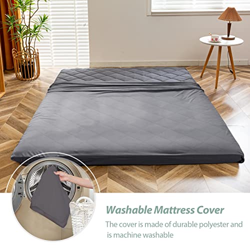 MAXYOYO Japanese Floor Futon Mattress King Size, Floor Bed for Adults, Roll Up Folding Mattress, Diamond Patterned Japanese Futon Bed, Dark Grey MAXYOYO