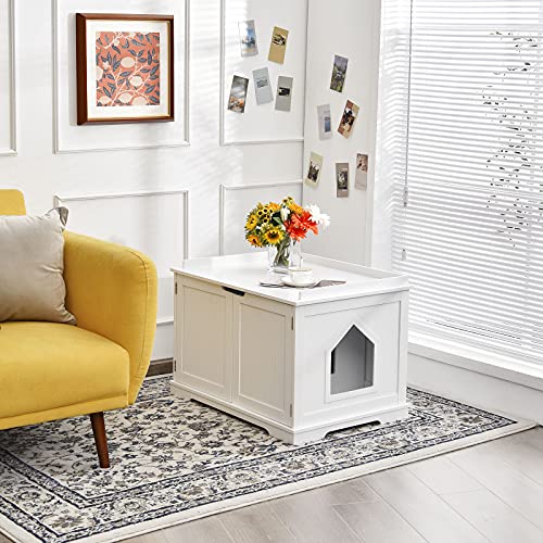 Tangkula Litter Box Enclosure, Cat Litter Box Furniture Hidden, Nightstand Pet House with Double Doors, Indoor Decorative Cat Box Cabinet, Cat Washroom Storage Bench for Large Cat Kitty (Whit - WoodArtSupply