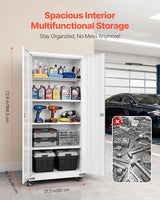 VEVOR Metal Storage Cabinet, 72.6 in Rolling Steel Garage Cabinet with 4 Adjustable Shelves, 2 Magnetic Doors & 2 Keys, 5 Tiers Lockable Tool Storage for Pantry, Warehouse, Basement, Office, White VEVOR