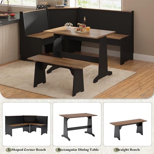 AMERLIFE 3-Piece Breakfast Nook Dining Set, L-Shaped Corner Bench with Hidden Storage, Space-Saving Kitchen Table Set for Small Spaces, Black & Oak AMERLIFE