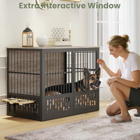 Yafylly 48 Inch XXL Dog Crate Furniture, Wooden Chewproof Dog Kennel with Interactive Window, 360° Adjustable Bowls (5 Heights), Storage Table Top, Heavy Duty XL Dog Crate for Medium Large Dogs, Gray Yafylly