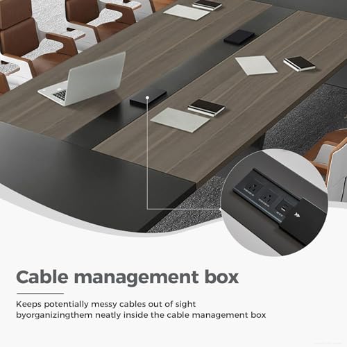 Nuipesn 138 Inch Rectangular Conference Table, 12FT Boardroom Table for 12-14, Built-in Power Outlets & USB Charging Ports, Cable Management, Splicing Design, 2 Inch Thick Top, Oak/Grey Nuipesn