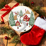 Zhenqing Christmas Embroidery Kit for Beginners - 4 Piece 29x29cm Round Designs with Embroidery Hoop, Threads & Tools (Snowy Cabin, Fireplace, Candy Cane, Holly)(C0066)