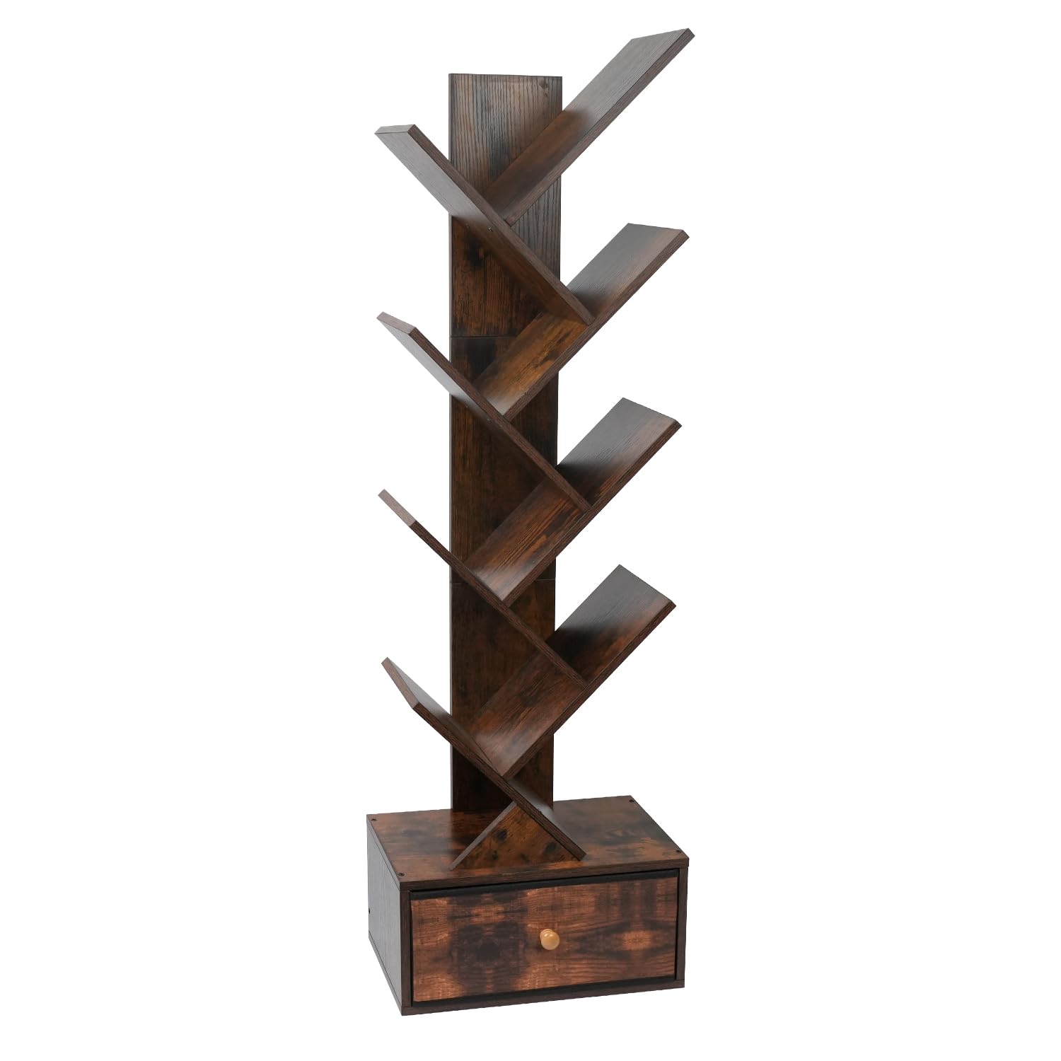 Yzosvki 8-Tier Rustic Brown Tree Bookshelf with Drawer for Stylish Storage - WoodArtSupply