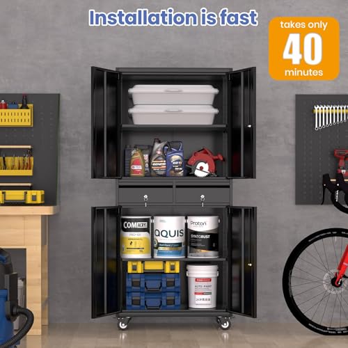 Garvee Metal Storage Cabinet, 73 Inch Garage Storage with Locking Doors and Adjustable Shelves, Heavy Duty Tool Cabinet with 2 Drawers Garvee