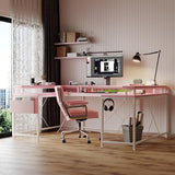 FinerFurnis U-Shaped Gaming Desk with Power Outlets & LED Lights - Reversible L-Shaped Computer Desk for Home Office | Large Corner PC Table with Monitor Stand & Storage Shelves, Pink FinerFurnis