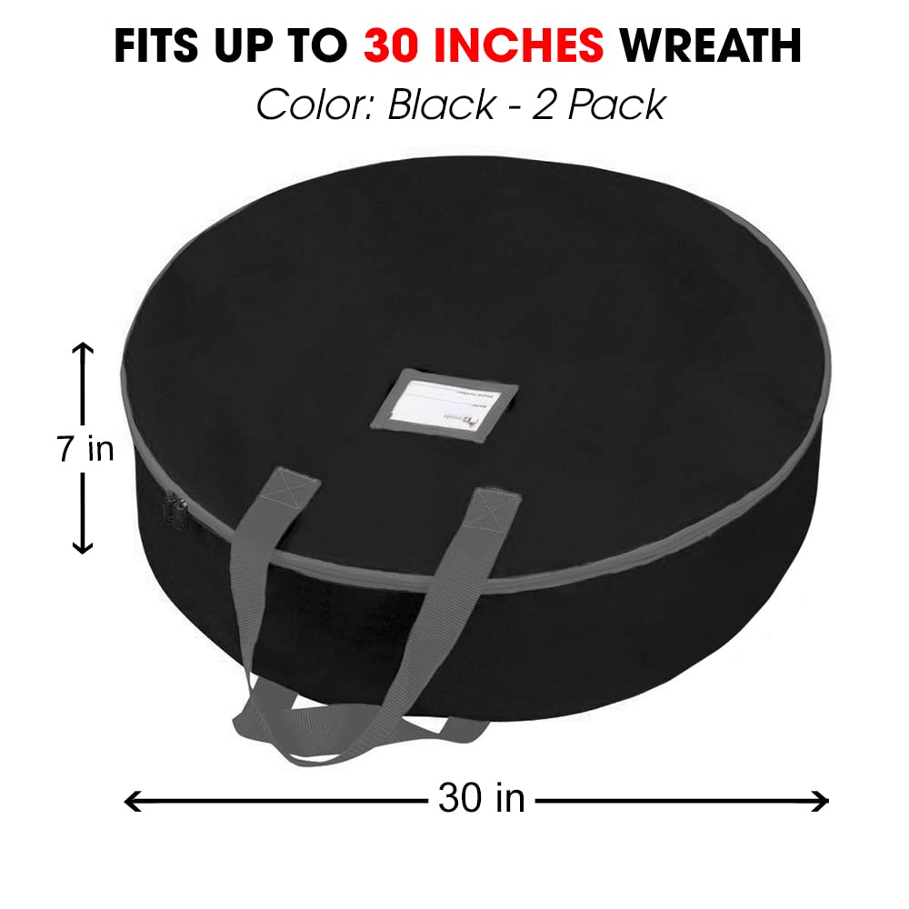 Primode Christmas Wreath Storage Bag 30" - 2 Pack Artificial Wreath Container - Garland Holiday Xmas Wreaths Holder - Sturdy Handles - Card Slot Zipper Strong 420D Oxford (30 Inch, Black) Primode