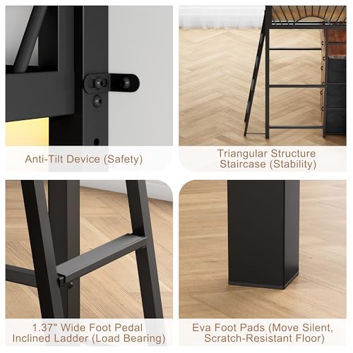 Decofy Twin Metal Loft Bed with Desk, 6 Storage Cabinet, LED Light Bunk Bed Frame Twin Size with Charging Station, No Box Spring Needed, Extra Wide Stair Treads&Safety Ladder, Hanging Rod&Guardrail Decofy