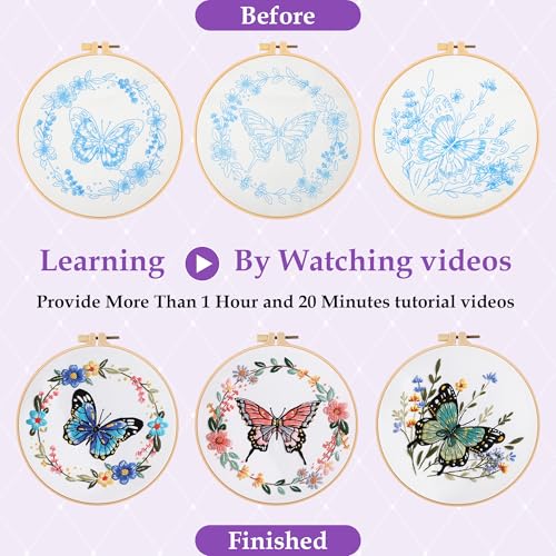3 Sets Butterfly Flower Embroidery Kit for Beginners, Cross Stitch Practice Kits for Craft Lover with Pre-Stamped Patterns, 7.8-Inch Hoop, Threads, Needles, Step-by-Step Guide & Video, Needlepoint Kit