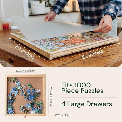 PLAYVIBE Rotating Jigsaw Puzzle Board with Drawers 1000 Piece – Puzzle Table with Cover, 4 Drawers, 22 1/4” x 30" – Wooden Puzzle Organizer – Puzzle Accessories