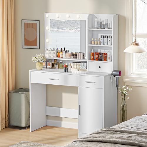 Sweetcrispy Vanity Desk with Adjustable Lighten Mirror & Power Outlet, Makeup Desk for Bedroom with a Storage Cabinet and 3 Drawers, 4 Storage Shelves, White Dresser for Girls Sweetcrispy