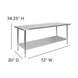 Flash Furniture Reader NSF Certified Stainless Steel Kitchen Prep and Work Table, Commercial Work Table with Undershelf Storage, 72" W x 30" D x Flash Furniture