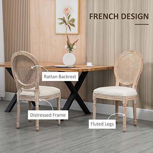 HOMCOM French-Style Upholstered Dining Chair Set, Armless Accent Side Chairs with Rattan Backrest and Linen-Touch Upholstery, Set of 2, Cream White - WoodArtSupply