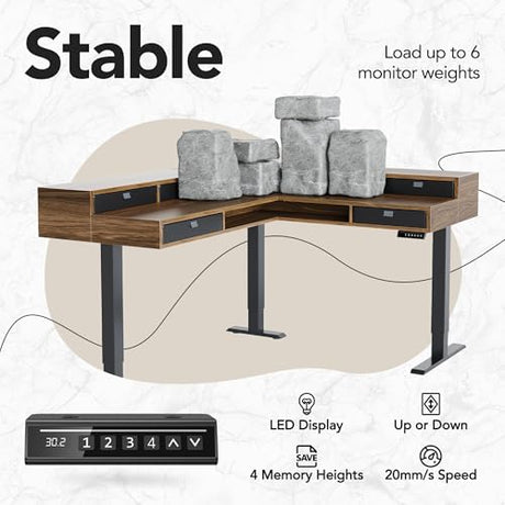 HUANUO U-Shape Large Standing Desk with Storage Drawers, 2-Tier Corner Sit Stand Desk with Power Strip Tray & Cable Grommets, Height Adjustable Extra Large Computer Gaming Table, Walnut HUANUO