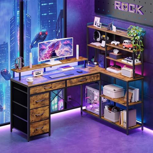 RALGEND L Shaped Computer Desk with Drawers, 53'' Gaming Desk with Storage Shelves, Corner Computer Desk with Power Outlets & LED Light, Home Office Desk with Monitor Stand and Pegboard, Rustic Brown RALGEND
