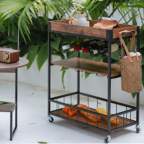 Azheruol Bar Cart Serving Wine 3 Tier Home Rolling Rack with Wheels Mobile Kitchen Industrial Vintage Style Wood Metal Serving Trolley Serving Cart,Glass Holder Bar Cabinet