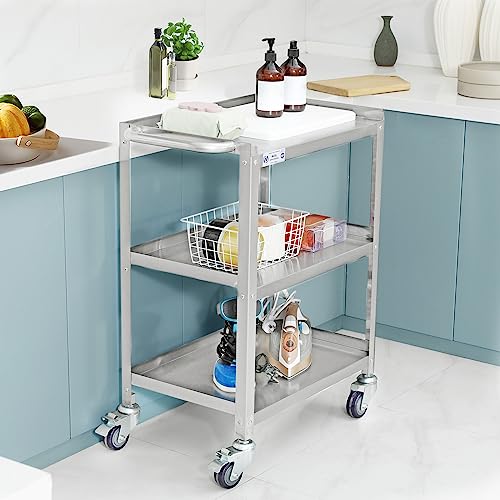 Hally Stainless Steel Utility Cart 3 Tier NSF Commercial Heavy Duty Metal Mobile Food Rolling Cart with Handle and Wheels for Kitchen, Restaurant, Hospital, Laboratory and Home, 24" L x 16" W x 34" H