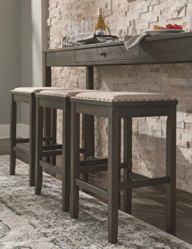 Signature Design by Ashley Rokane Urban Farmhouse 25" Counter Height Dining Room Table Set with 3 Bar Stools, Brown - WoodArtSupply