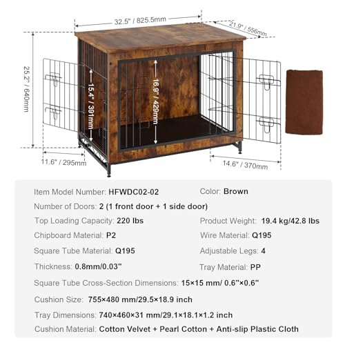 VEVOR Dog Crate Furniture, 32 inch Wooden Dog Crate with Double Doors, Heavy-Duty Dog Cage End Table with Multi-Purpose Removable Tray, Modern Dog Kennel Indoor for Dogs up to 45lb, Rustic Br - WoodArtSupply